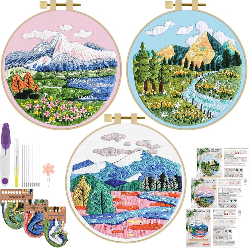 ERKOON 3 Sets Embroidery Kit, Floral Cross Stitch Set for Include Embroidery Cloth Hoops Threads for Craft Lover Hand Stitch (Landscapes) - Image 1
